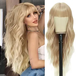 Long Blonde  30 Inch Wigs with Bangs for Women Curly Wavy Hair Wigs Heat Resistant Synthetic Fiber Wigs for Daily Party Use