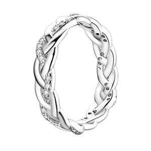 925 Silver-plated Twisted Braided Ring | Sparkling CZ Minimalist Stackable Band | Everyday Criss Cross Jewelry for Women