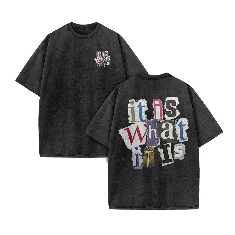 Men's Acid-Wash Round Neck Short-Sleeve T-Shirt - Vintage Distressed Daisy Graphic Print, "It Is What It Is" Slogan, Unisex Oversized Fitted Top with Retro Vibe, Figure-Flattering Distressed Menswear, Shortsleeve, Graphic T Shirts