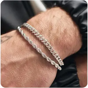 925 Sterling Silver 2 Pcs Chain Bracelet for Men - Figaro Rope Cuban Link Bracelet Set for Men Gifts to Men Dad Husband Boyfriend