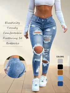 Women's Winter High Waist Ripped Skinny Jeans Elastic Vintage Butt Lifting Denim Casual Daily Outfits