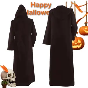 Sorcerer Long Shirt Hooded Black Robe Costume Halloween Cloak Cosplay Costume Wizard Tunic Hooded Robe Adults and Children