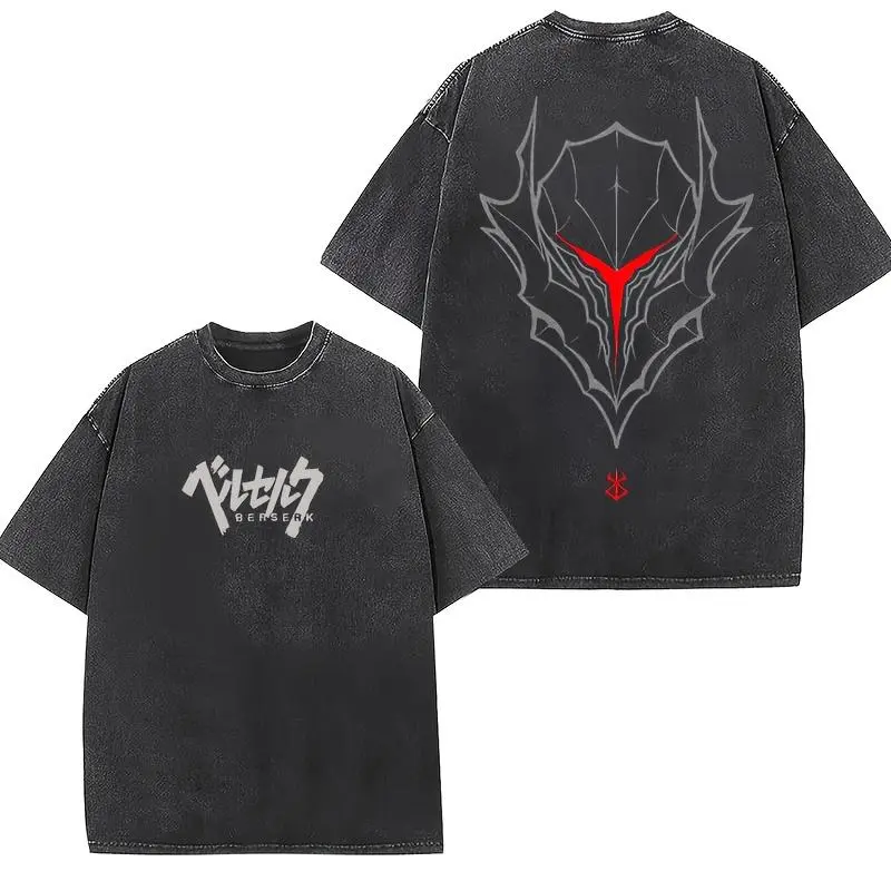 Men's Berserk Graphic Tshirt, Vintage Distressed Washed Round Neck Shortsleeve Shirt for Everyday or Festive Wear, Top