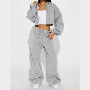 Women's 2-Piece Polyester Cropped Hoodie & Wide Leg Pants Set - Long Sleeve, Drawstring Hood, Cropped Cut, Casual Sportswear, Cozy Fall Lounge Wear, Multi Sizes, for Daily Wear & Workout