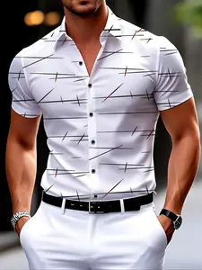 Men's Irregular Gold Embroidery Short Sleeve Shirt, Top, Casual Fitted Plain Design Print, All Seasons Wear, Stylish Men's Clothing, Menswear