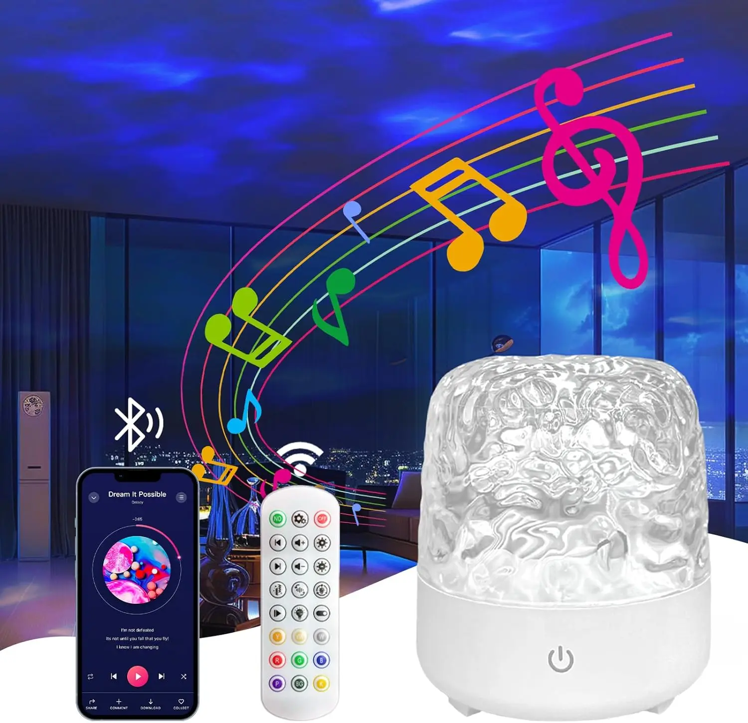 Ocean Wave Projector, Northern Lights with Music Bluetooth Speaker,16 Colors Changing Show Aurora Glow Lamp with Remote,Underwater for Room Decor/Light projector for bedroom/Graduation Gifts