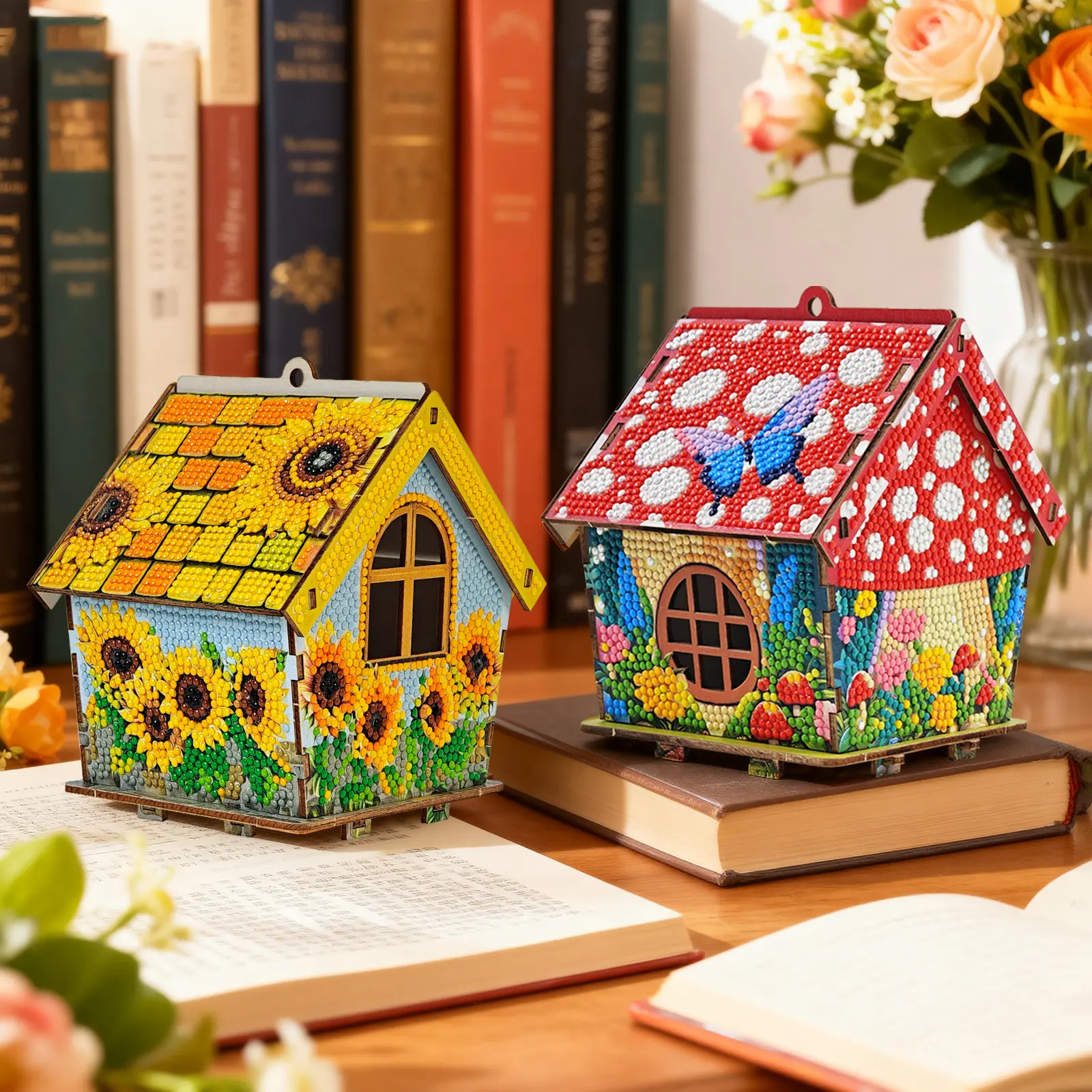 3D Wooden Puzzle Diamond Painting Kit - DIY Needlework Craft for Adults, Teens, Vibrant Sunflower Mushroom House Diamond Art, Unique Gift for Weddings, Home House Decoration (Toys & Hobbies), Valentine's Day