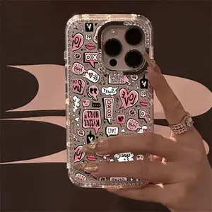 Bubble English Luxury Rhinestone Fashion Phone Case for iPhone 11 12 13 14 15 16 17 Pro Max Air Plus, Transparent Sparkling Diamond Star Border, Drop-Proof Shockproof Protective Cover, Perfect Christmas New Year Gift for Men Women
