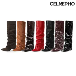 CELNEPHO Tall Boots for Women Pointed Toe Chunky Block Heel Knee High Boot Fold Over Slouchy Design Fashion Booties Easy Pull on Tall Boot Date Outdoor Party Everyday Wear Dress Shoes