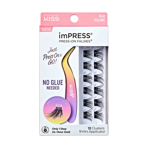 Impress Falsies Pre-Glued False Eyelashes Minipack - Bold | 12 Lash Clusters, With Mini Applicator, 12mm-14mm