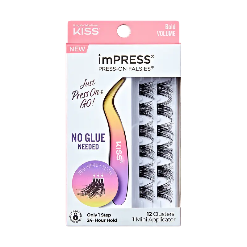 Impress Falsies Pre-Glued False Eyelashes Minipack - Bold | 12 Lash Clusters, With Mini Applicator, 12mm-14mm
