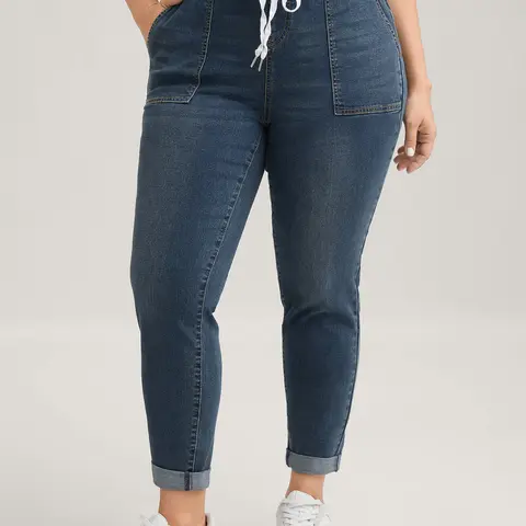 BloomChic Women's Plus Size [M-6X] Cotton Spandex Denim Jeans - High Waisted Elastic Drawstring, Dark Blue, Skinny Fit, Roll Hem, Above Ankle Length, Slanted Pockets, Women's Clothes, Curvy Clothing, Jumbo Size Jeans, Back To School