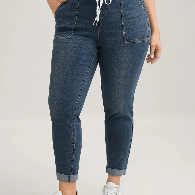 BloomChic Women's Plus Size [M-6X] Cotton Spandex Denim Jeans - High Waisted Elastic Drawstring, Dark Blue, Skinny Fit, Roll Hem, Above Ankle Length, Slanted Pockets, Women's Clothes, Curvy Clothing, Jumbo Size Jeans, Back To School