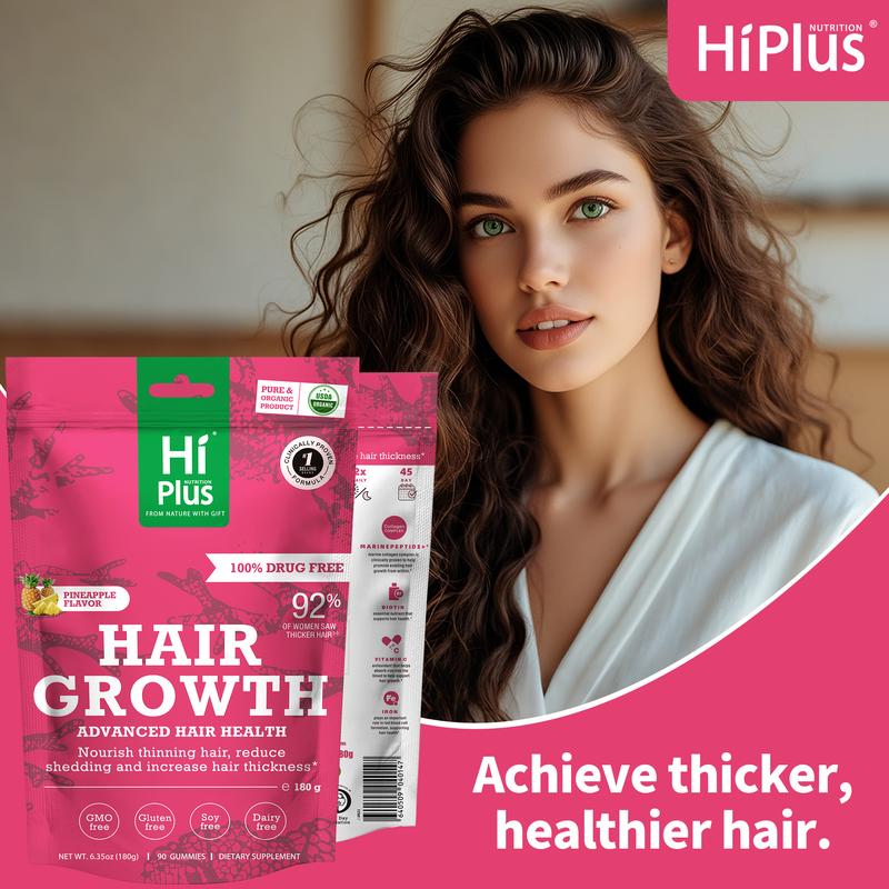 HiPlus Women's Hair Growth Supplement Gummies – Nourishes Thinning Hair & Boosts Hair Thickness – with Collagen, Biotin, Zinc, Vitamin C & Iron – Pineapple Flavor – 90 Gummies (45-Day Supply)