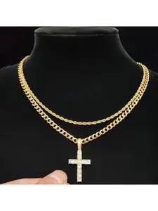 Full-Diamond Cross Necklace Set: Cuban Chain + Twisted Cord Chain, Gold/Silver Double-Layer Chain, Twice as Shiny. Full-Diamond Cross Pendant Accompanied by Cuban Chain and Twisted Cord Chain; Available in Gold/Silver Dual Colors.