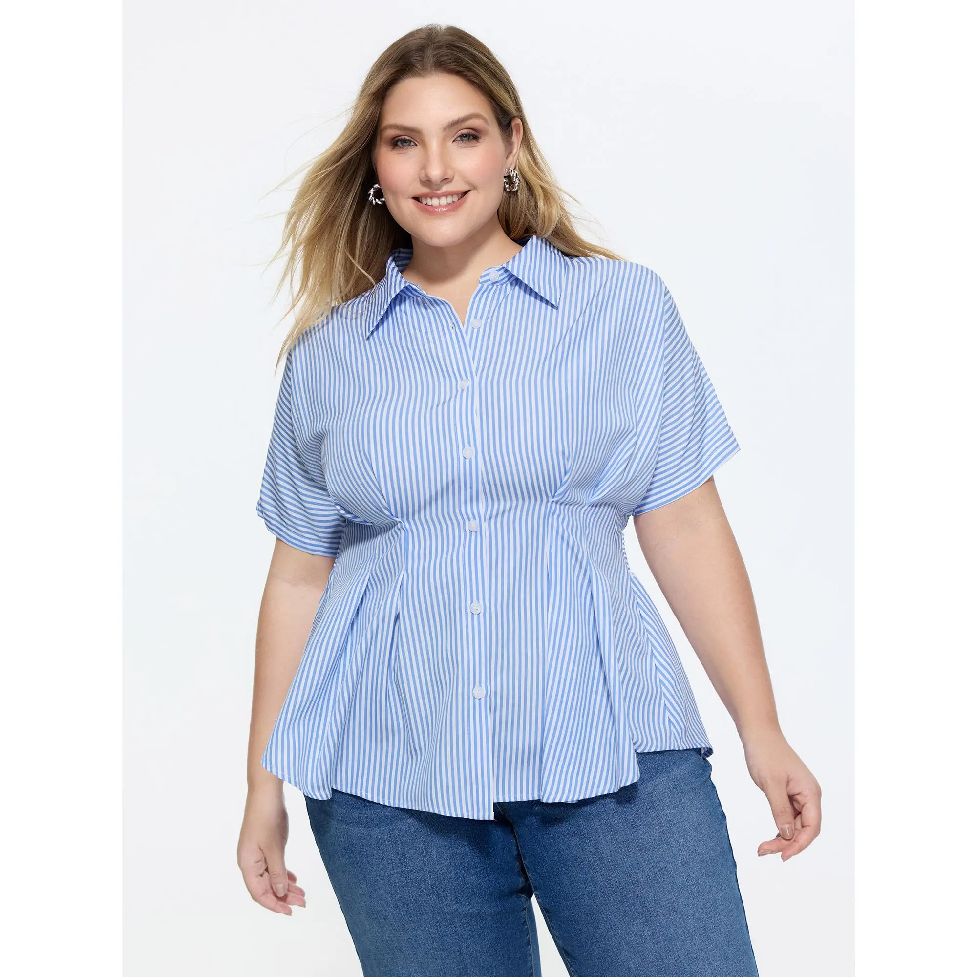 BloomChic Women's Plus Size Striped Cotton Blend Blouse, Short Sleeve Office Shirt with a Ruched Cinched Waist, Shirts, Plus Size Clothes, Curvy Clothing, Short Sleeves, Polyester Blend, Stripe Print, Machine Wash, 14-16/1X, Business