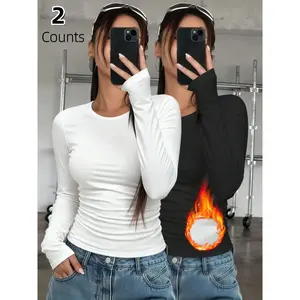 2-Pack Women’s Thermal Undershirts, Solid Color Classic Crew Neck Long-Sleeve Fitted Base Layers for Autumn & Winter – Ideal as Running/Hiking Activewear, Comfortable Base Layer T‑Shirts Suitable for Outdoor Activities