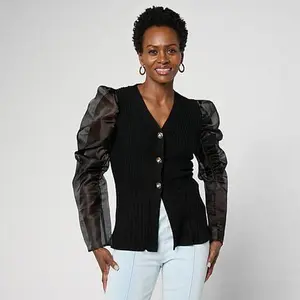 C. Wonder C Wonder Organza Sleeve Ribbed Cardigan