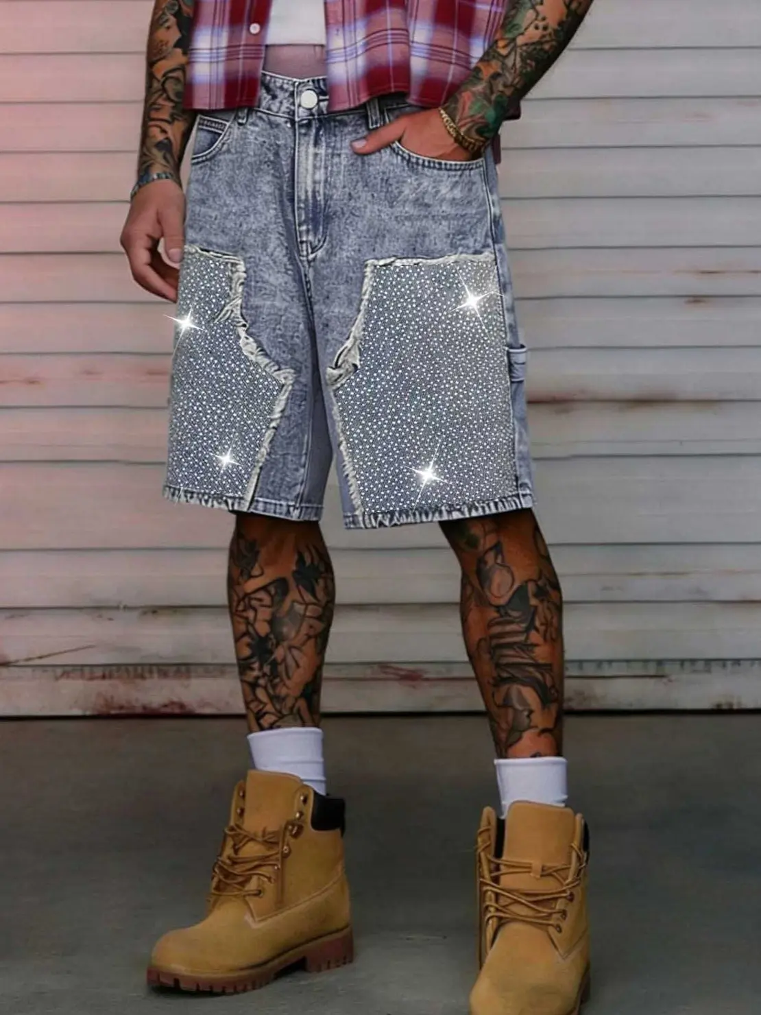 Men’s vintage washed rhinestone patch distressed work denim shorts; loose cotton work denim shorts; hip-hop street style multi-pocket five-pocket casual denim shorts