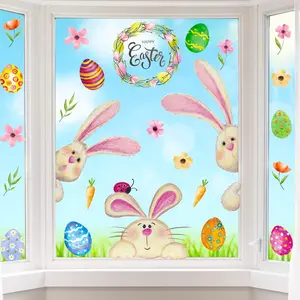 Easter Window Clings Decorations for Glass Easter Window Stickers Decal Large Bunny Stickers with Eggs Spring Door Wall Window Decor