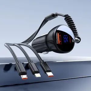 5-in-1 Retractable Car Charger,QC3.0&PD3.0 100W Adapter Fast Charging, Built-in 4FT USB C Cable & Dual Ports for iPhone, iPad, AirPods, Samsung, Google Pixel