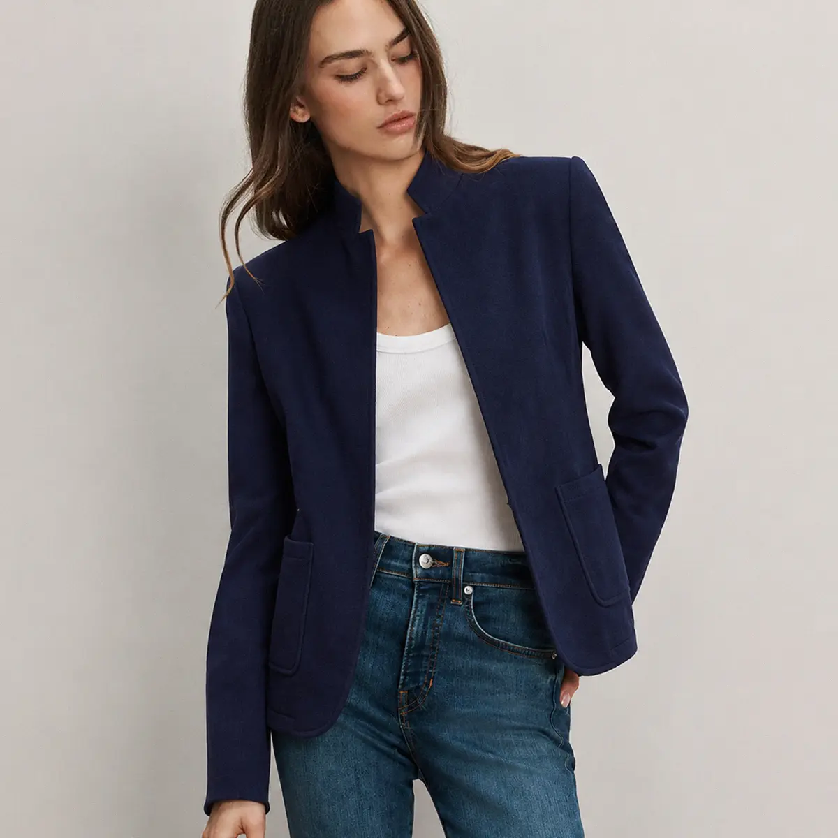 Fisoew Women’s Stand Collar Open Front Wool Blend Blazer Jacket, Tailored Long Sleeve Patch Pocket Slim Fit Casual Suit Coat For Work Daily Travel