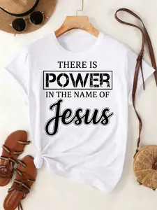 Summer Fashion Women's T-Shirt with The Message 'The Name Of Jesus Has Power' And Christian Faith Declaration Design Suitable for Church Outings And Casual Attire