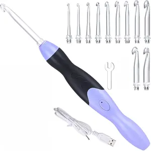 11 Sizes Lighted Crochet Hooks Set Rechargeable Crochet Hook Light up Hooks with Case, Interchangeable Heads 2.5 mm to 8 mm for DIY Craft Supplies(Purple-Black)