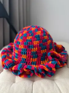 Handmade Crochet Hollow Out Hat, Fashion Colorful Ruffled Knit Fisherman Cap, Boho Style Fitted Beanie for Fall & Winter
