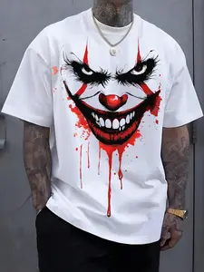 Men's Clown-Inspired Graphic Print T-Shirt - White, Featuring bold red and black clown motifs, this crew neck short-sleeve tee is for casual summer wear. With a pop culture aesthetic, it boasts a regular, Fitted fit and is machine washable