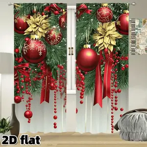 2D Flat 2Pcs Christmas Festive Curtain Panels Red Baubles Gold Poinsettia Pine Needles Berry Garland Print Rod Pocket Polyester Semi Sunshade for Living Room Bedroom Kitchen Window Holiday Decor Anti Privacy