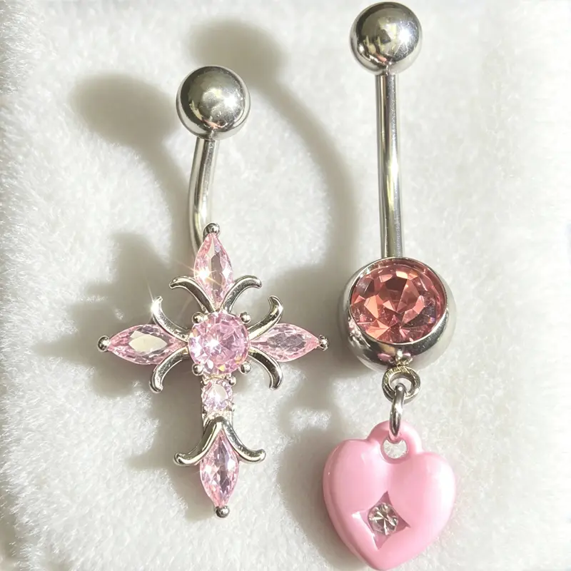 2PCS Belly Rings Set,14G 316L Surgical Stainless Steel Floating Navel Belly Piercing for Women,Cross Shaped Belly Piercing Jewelry Kit Pink Peach Heart Belly Button Rings