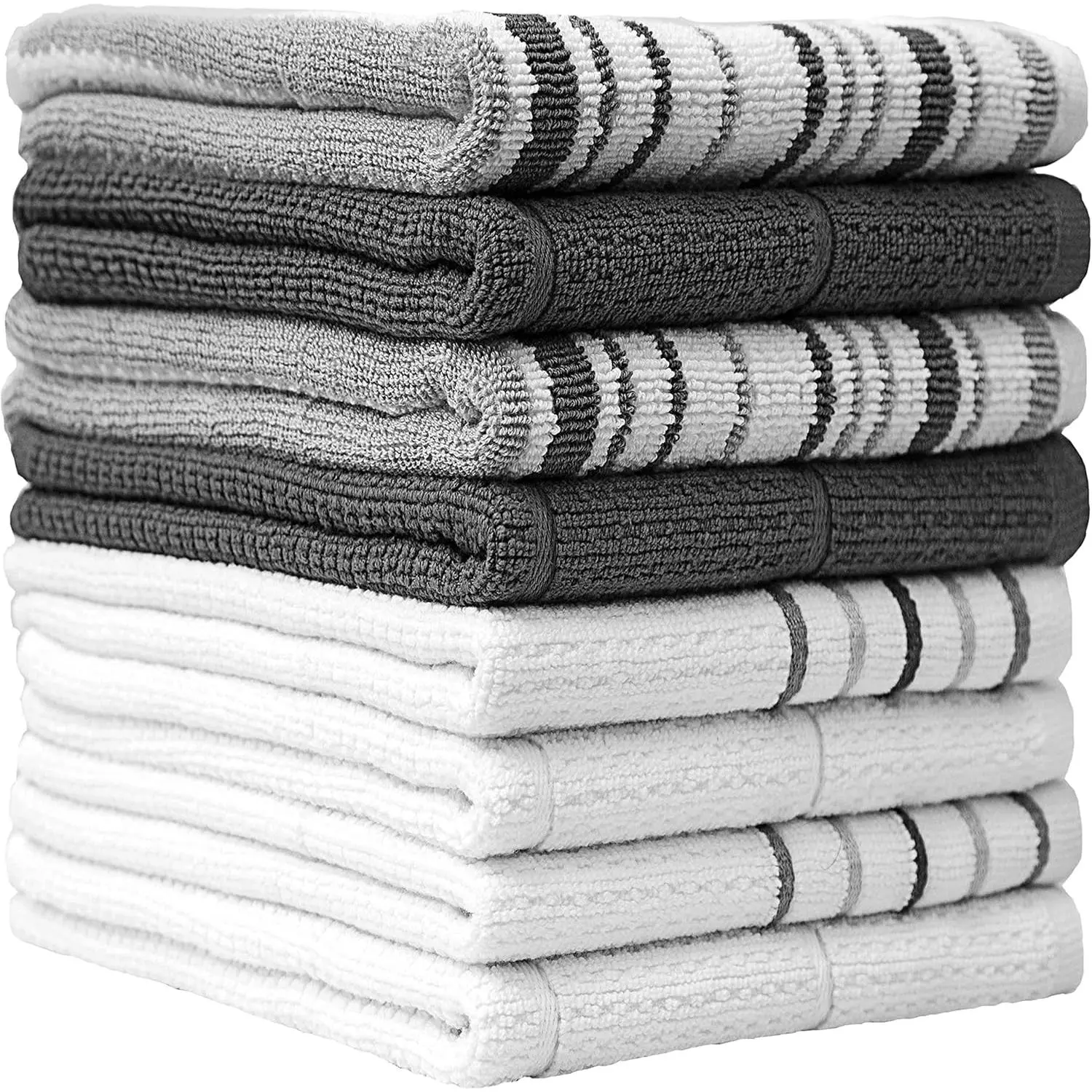 Pack of 8 Premium Kitchen Towels Set - Striped Waffle Yarn Dyed Kitchen Hand Towels - Large, 420 GSM, Ultra Absorbent - Dish Towels for Drying Dishes - Cotton Tea Towels - Grey