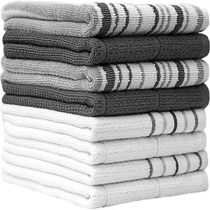 Pack of 8 Premium Kitchen Towels Set - Striped Waffle Yarn Dyed Kitchen Hand Towels - Large, 420 GSM, Ultra Absorbent - Dish Towels for Drying Dishes - Cotton Tea Towels - Grey