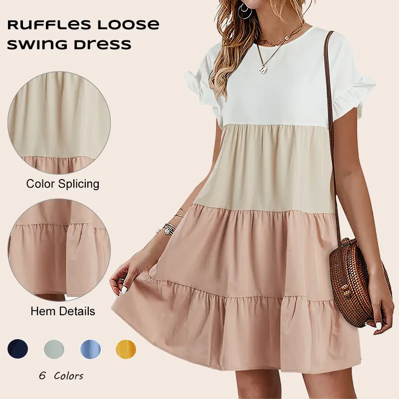 Imily Bela Women Summer Casual Ruffles Dress Color Block Short Sleeve Babydoll Loose Swing Flowy T-Shirt Dress