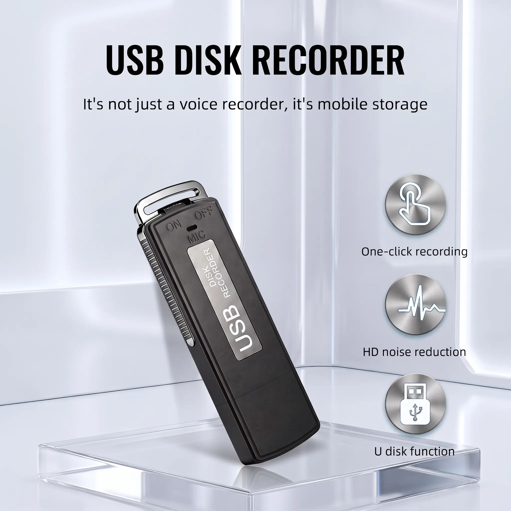 Compact USB Flash Voice Recorder - 1-Click Recording, 1-Click Saving, USB Port External Storage, Portable Multi-Functional Audio Device