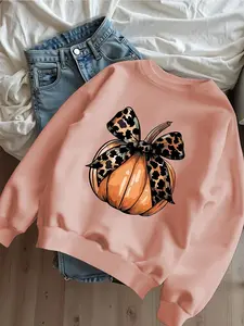 Girls' Spring & Fall Casual Leopard Print Sweatshirt, Fitted Round Neck Long Sleeve Top, Comfortable Basic Layering Piece, Casual Cozy Sweatshirt