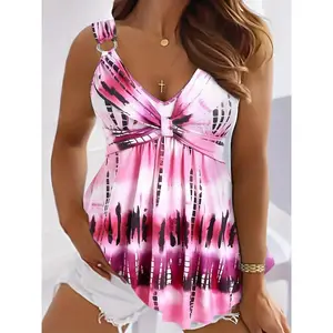 Women'S Plus Size V-Neck Tie-Dye Print Casual Tank Top - Stretchy, Comfortable, and Stylish for Spring/Summer, Perfect for Vacation or Leisure Wear, Vacation Clothing | Vneck Top | Comfortable Fit, Tank Tops