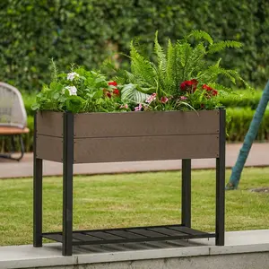 Garvee 42" l x 33"h  HDPE Raised Garden Bed on Legs with Storage Shelf, All-Weather Elevated Planter Box, Standing Herb & Vegetable Grow Bed with Black Aluminum Posts for Patio, Balcony, and Outdoor Use
