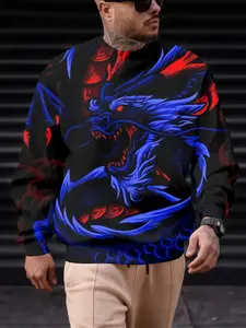 Men's Blue Dragon Pattern Hoodie, Casual Fitted Long Sleeve Top, All over Print Fashion Pullover, Fall & Winter Style, Menswear Sweatshirts