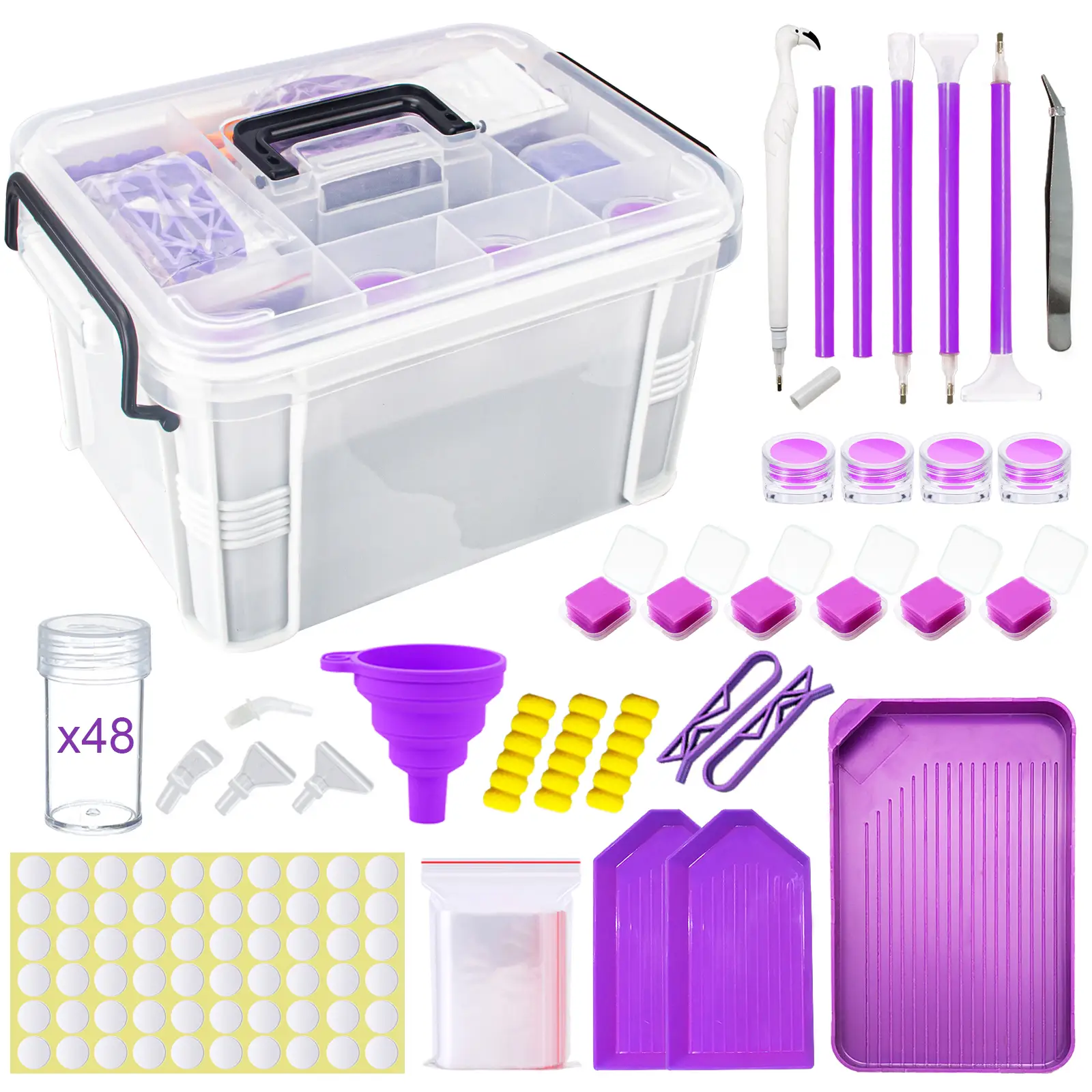 111pcs Diamond Painting Storage Box Tool Set Diamond Embroidery Accessories Kit with 48 Piece Storage Bottles, Trays, Wax, Pens, Multi-Use Tips, Funne