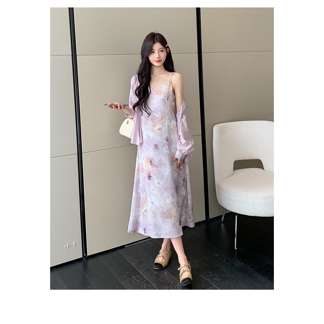 Sweet And Gentle Style Purple Printed Slip Dress Shirt And Cardigan Two-Piece Set