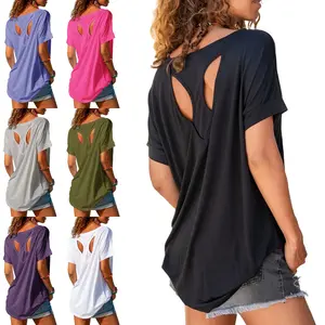 Beotyshow Womens Elegant Trendy Open Back Comfy Casual Loose Fitting Workout Casual Yoga T-Shirt Summer Gym Tee