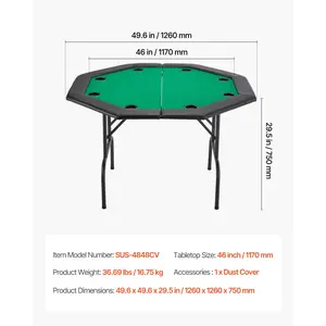 VEVOR Foldable Poker Table, 8 Player 48 in Folding Casino Leisure Table with Padded Rails Cup Holders, Octagonal Portable Game Tables with Felt Metal Legs, for Texas Hold'em Game and Blackjack