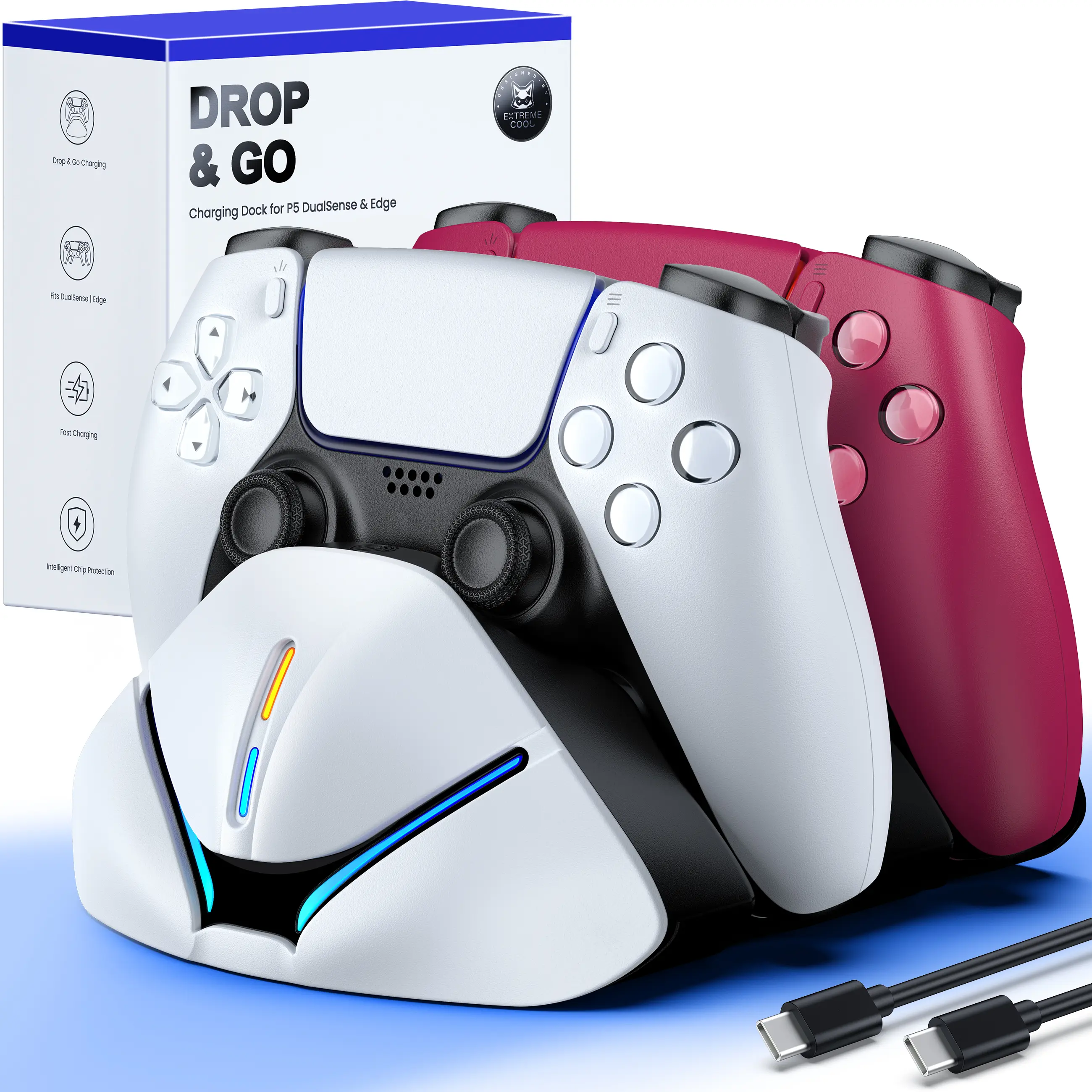 P5 Controller Charger Station for DualSense & Edge - Just Drop & Charge - Dual Charging Dock Compatible with PlayStation5 Controller, Space-Saving Stand for PS 5 Accessories