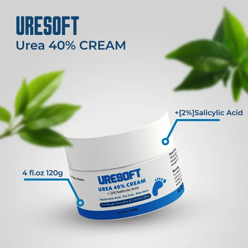 Uresoft Urea 40% Foot & Hand Cream with 2% Salicylic Acid Daily Gentle Moisturizer for Hydration 4 fl. oz. 120g Intensive Formula with Hyaluronic Acid Tea Tree Oil & Aloe Vera, Restore, Nourishing