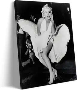 Marilyn Monroe Canvas Wall Art Decor Framed Painting - Iconic White Dress Flying Scene Poster Print, Classic Oil Painting Picture, Movie Room Bathroom Classic Glam Wall Decor