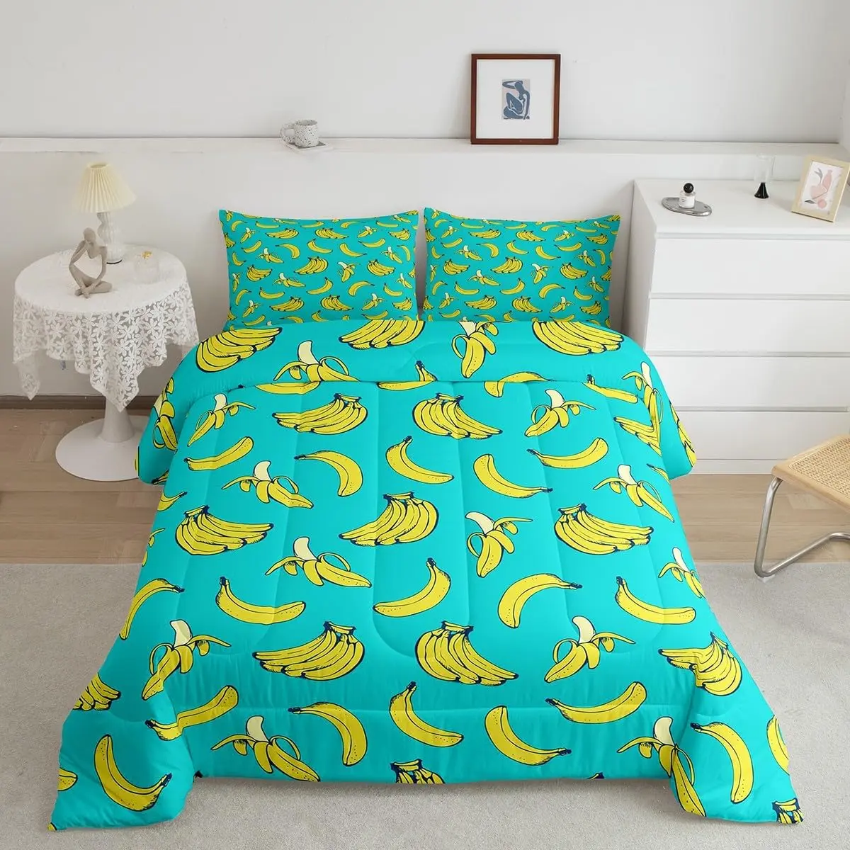 Cartoon Banana Bedroom Bedding Set - Tropical Theme Luxury Microfiber Duvet, Breathable Super Soft Fruit Print Bed Comforter Set, Bed Comforter Sets
