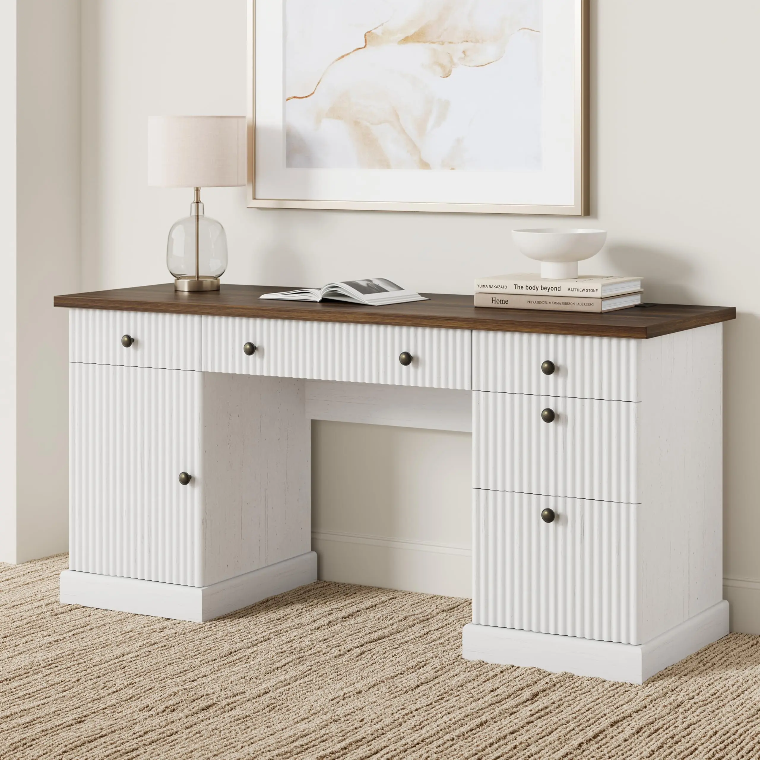Garvee Modern 60" Executive Office Desk with Fluted Details & Charging Station - Wooden Computer Desk with File Drawers, Home Office Storage Desk for Study, Living Room or Bedroom, Walnut & White