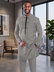 Men's Dashiki Set, Stand Collar, Button Front, Split Hem Long Sleeve Top, Waist Drawstring Pants, Casual Wear for All Seasons
